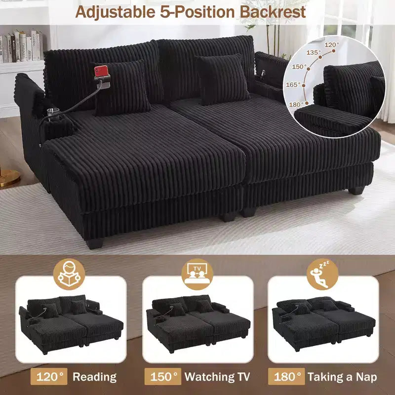 Chaise Lounge Sofa with Built-In Storage, Cup Holders & Phone Holder