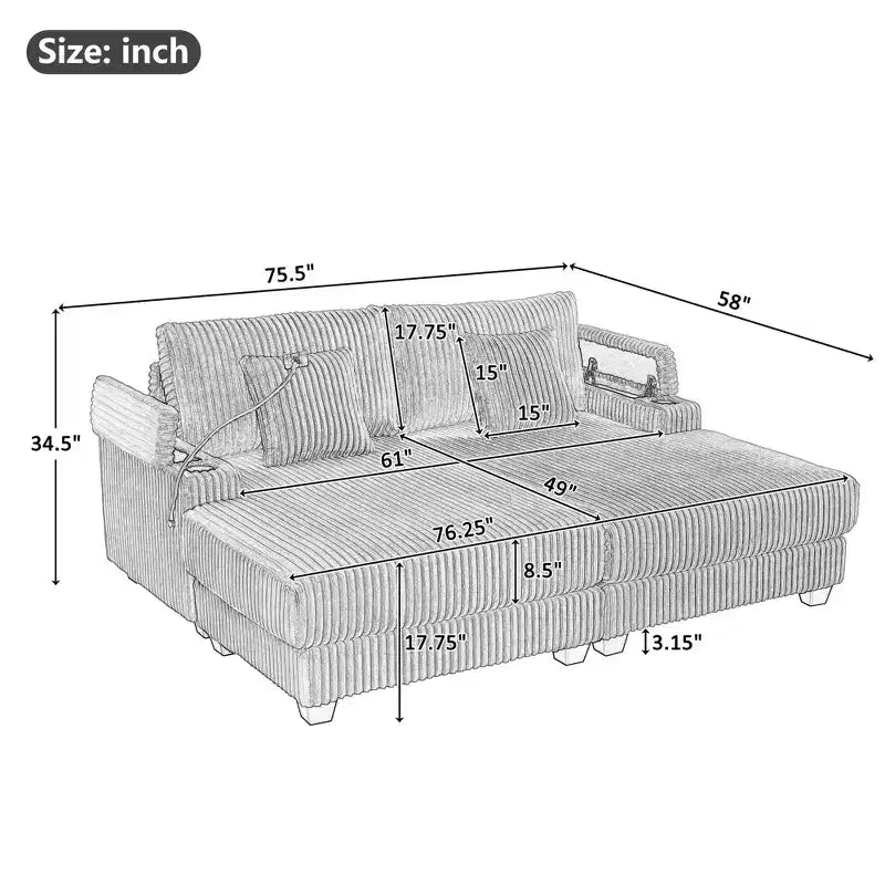 Chaise Lounge Sofa with Built-In Storage, Cup Holders & Phone Holder