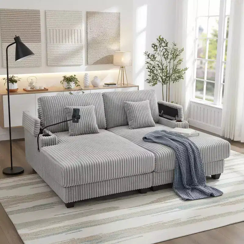 Chaise Lounge Sofa with Built-In Storage, Cup Holders & Phone Holder