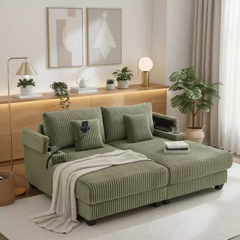 Chaise Lounge Sofa with Built-In Storage, Cup Holders & Phone Holder