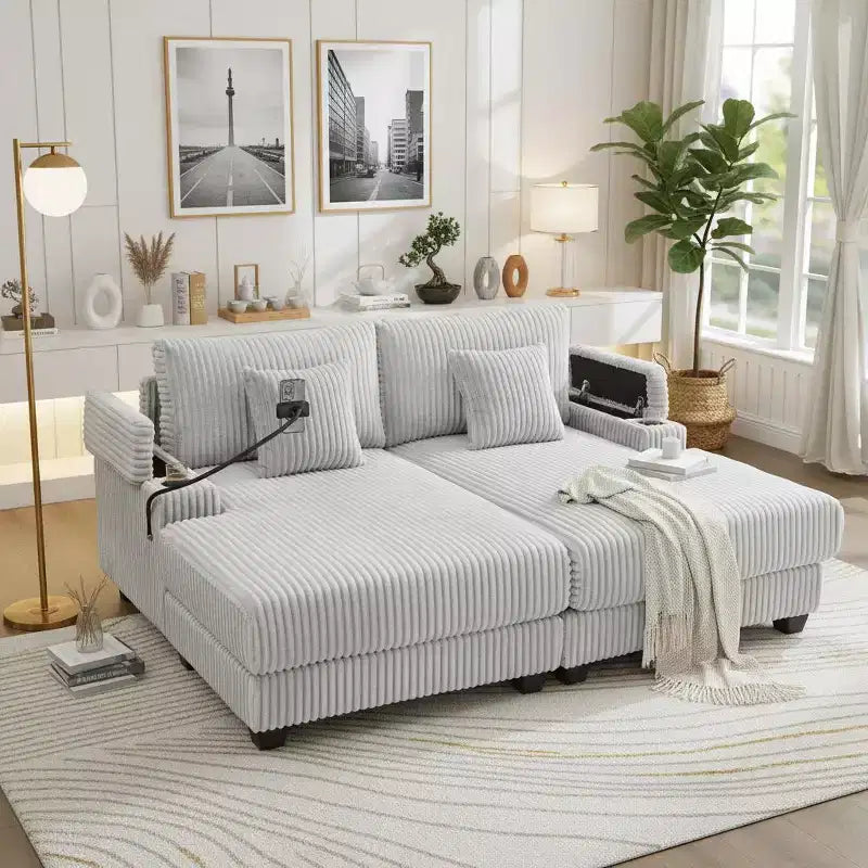 Chaise Lounge Sofa with Built-In Storage, Cup Holders & Phone Holder