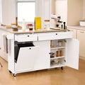 Kitchen Island Cart with Storage, 60in Wide Mobile Kitchen Cart with Wheels, Drop Leaf, 2 Drawers, Trash Can Cabinet, Knife Holder, White