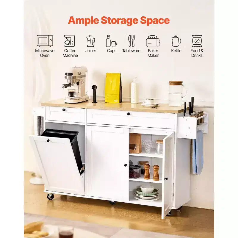 Kitchen Island Cart with Storage, 60in Wide Mobile Kitchen Cart with Wheels, Drop Leaf, 2 Drawers, Trash Can Cabinet, Knife Holder, White