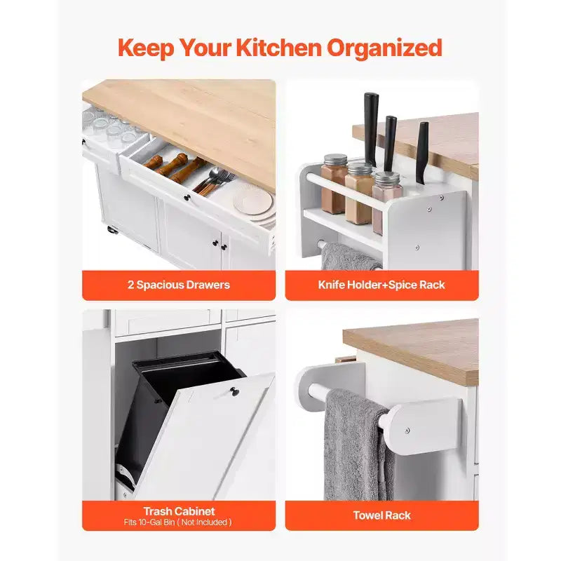 Kitchen Island Cart with Storage, 60in Wide Mobile Kitchen Cart with Wheels, Drop Leaf, 2 Drawers, Trash Can Cabinet, Knife Holder, White