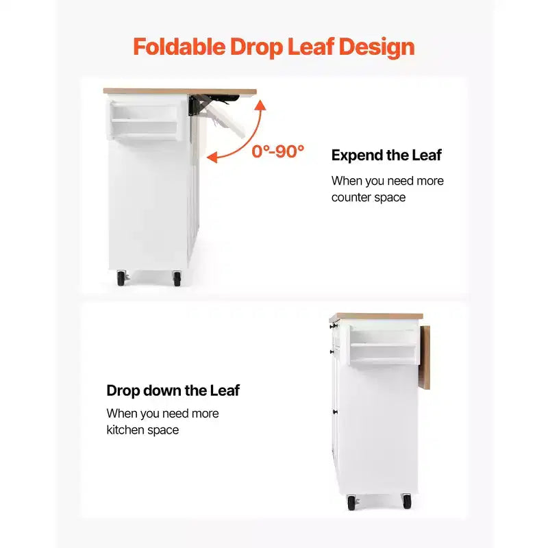 Kitchen Island Cart with Storage, 60in Wide Mobile Kitchen Cart with Wheels, Drop Leaf, 2 Drawers, Trash Can Cabinet, Knife Holder, White