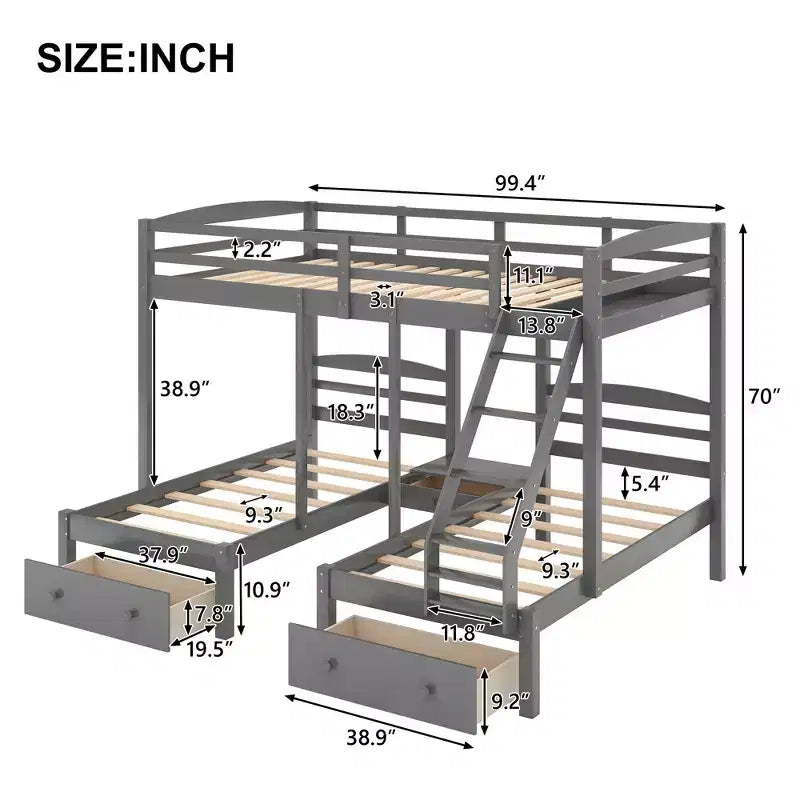 Triple Bunk Bed with Drawers
