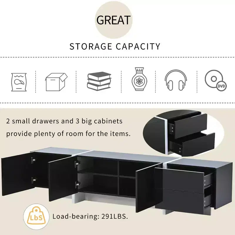 Modern Minimalist Black and White Rectangular TV Stand for TVs up to 80 Inches