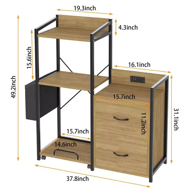 Black Rustic Wood Printer Stand with Iron Frame Storage Cabinet