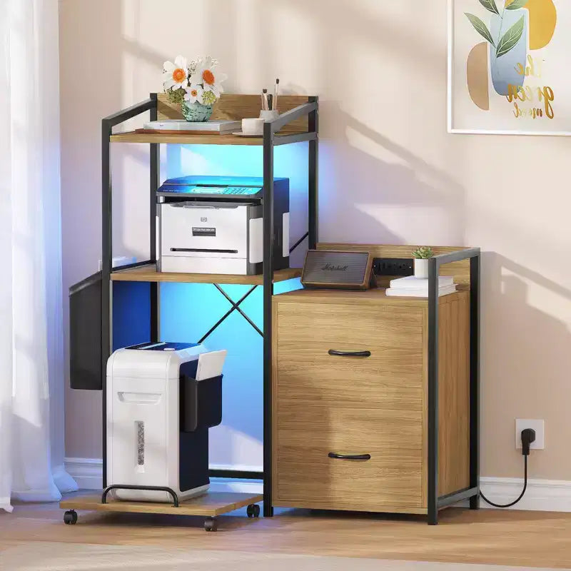 Black Rustic Wood Printer Stand with Iron Frame Storage Cabinet