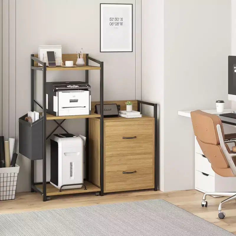 Black Rustic Wood Printer Stand with Iron Frame Storage Cabinet