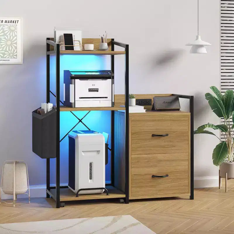 Black Rustic Wood Printer Stand with Iron Frame Storage Cabinet