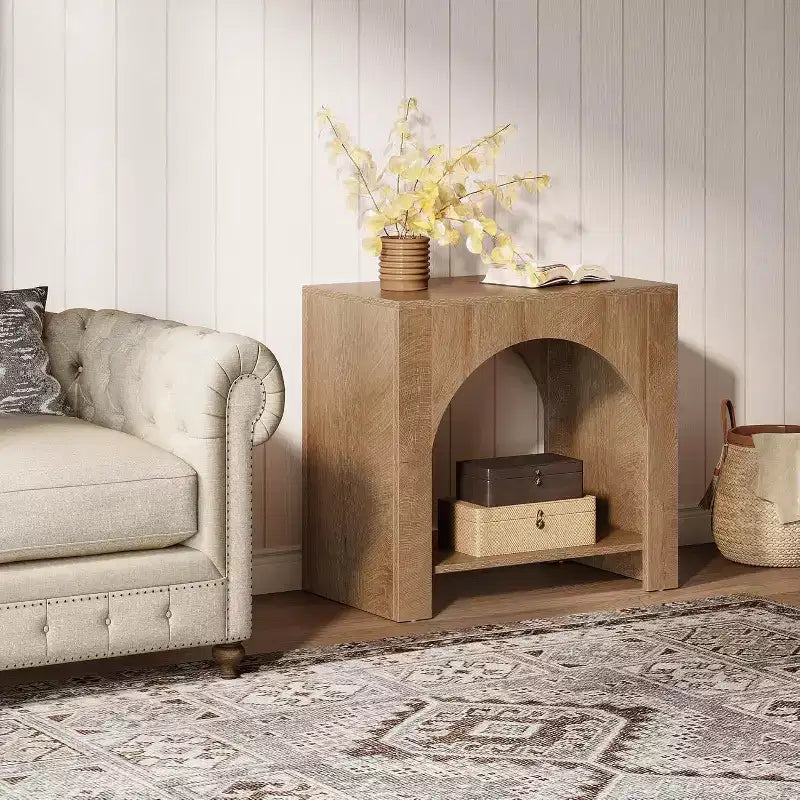 Farmhouse End Table with Wooden Pedestal, Large Sofa Side and Bedside Storage Nightstand for Living Room, Bedroom