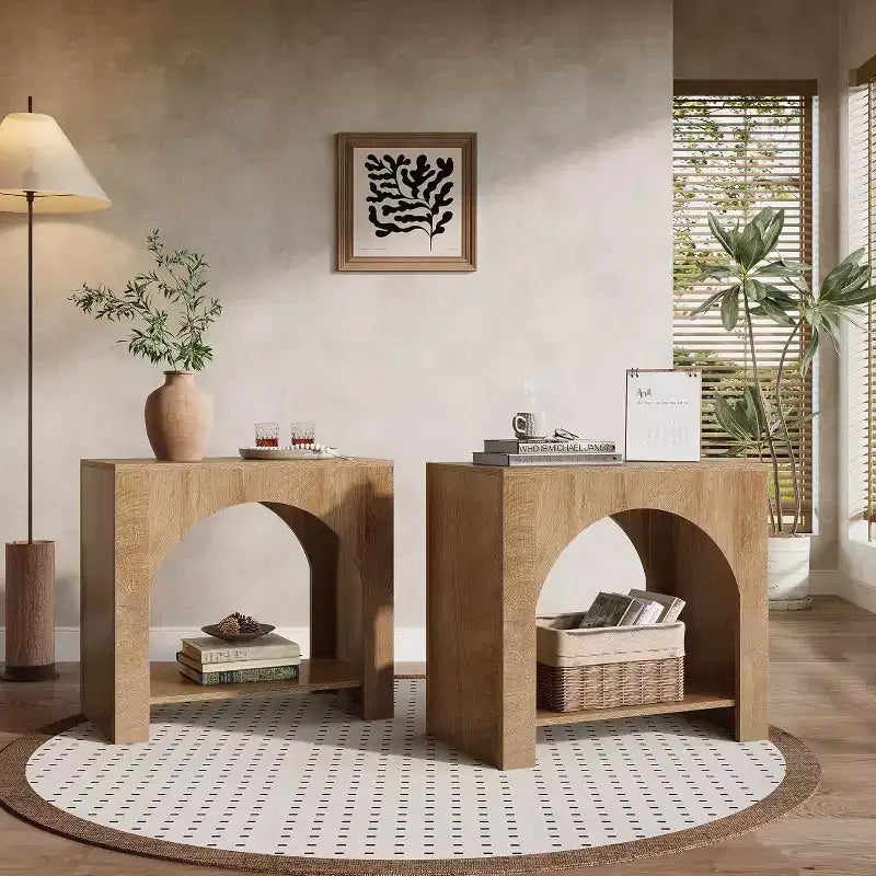 Farmhouse End Table with Wooden Pedestal, Large Sofa Side and Bedside Storage Nightstand for Living Room, Bedroom