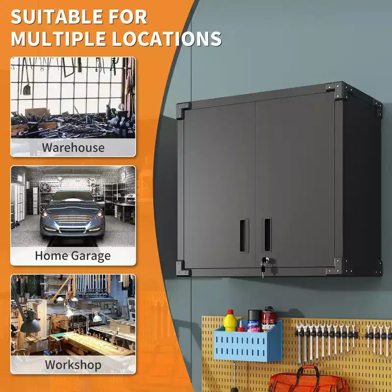 Wall-Mounted Locking Storage Cabinet with Adjustable Shelf & Open Drawer