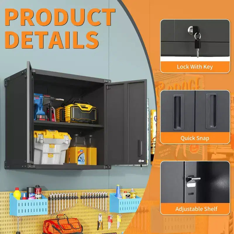 Wall-Mounted Locking Storage Cabinet with Adjustable Shelf & Open Drawer