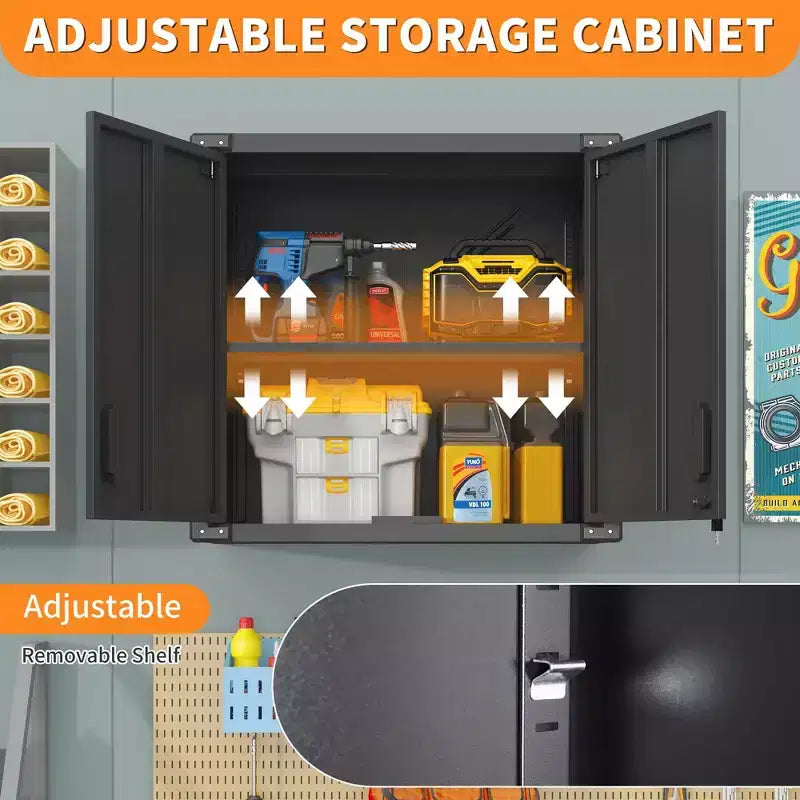 Wall-Mounted Locking Storage Cabinet with Adjustable Shelf & Open Drawer