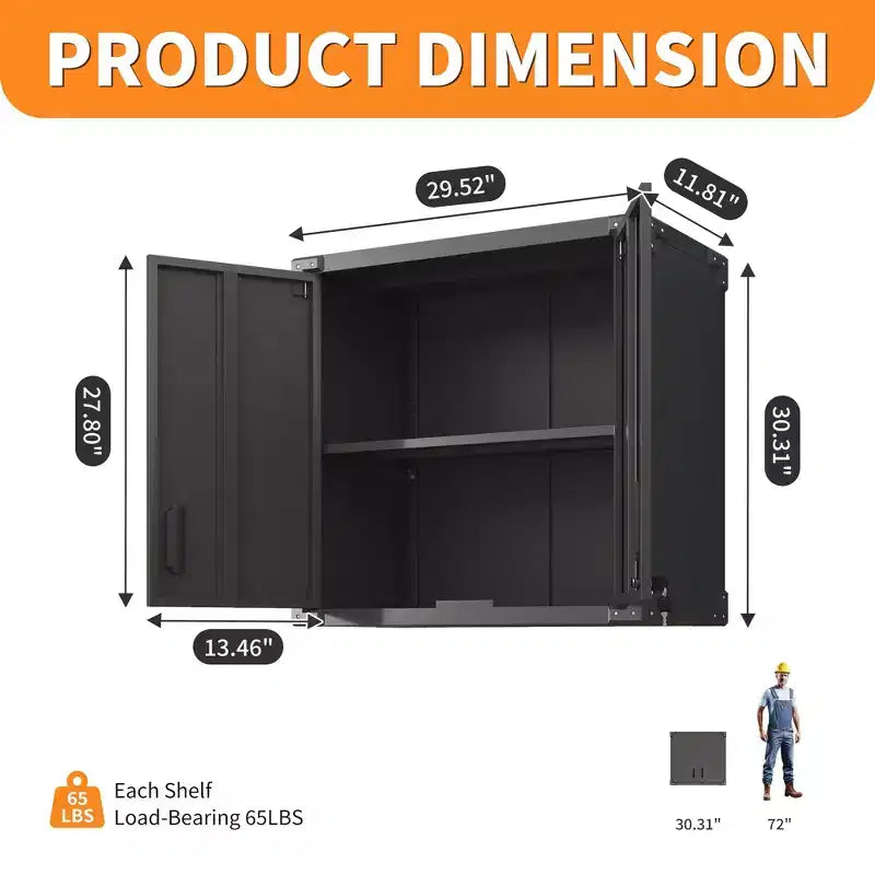 Wall-Mounted Locking Storage Cabinet with Adjustable Shelf & Open Drawer