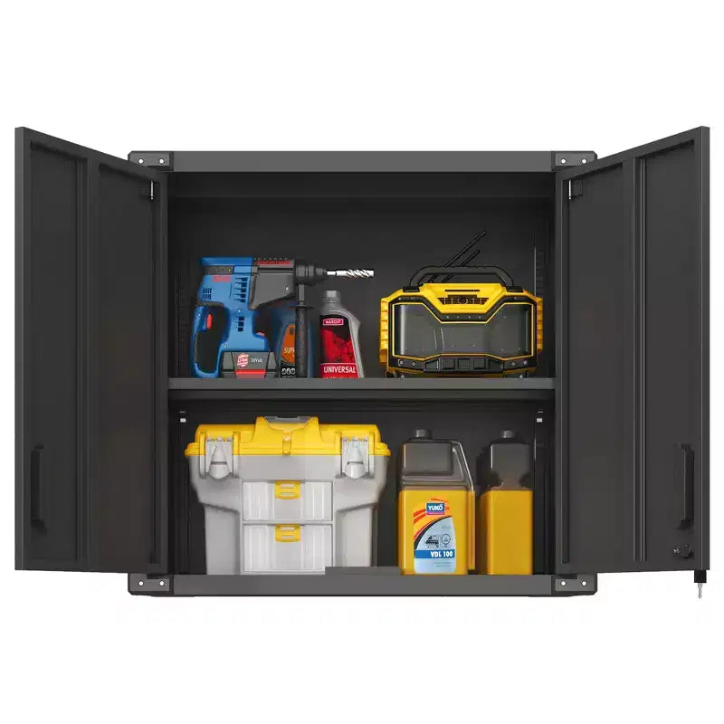Wall-Mounted Locking Storage Cabinet with Adjustable Shelf & Open Drawer