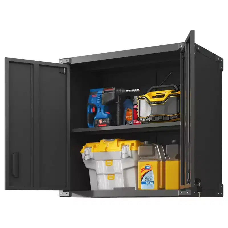 Wall-Mounted Locking Storage Cabinet with Adjustable Shelf & Open Drawer