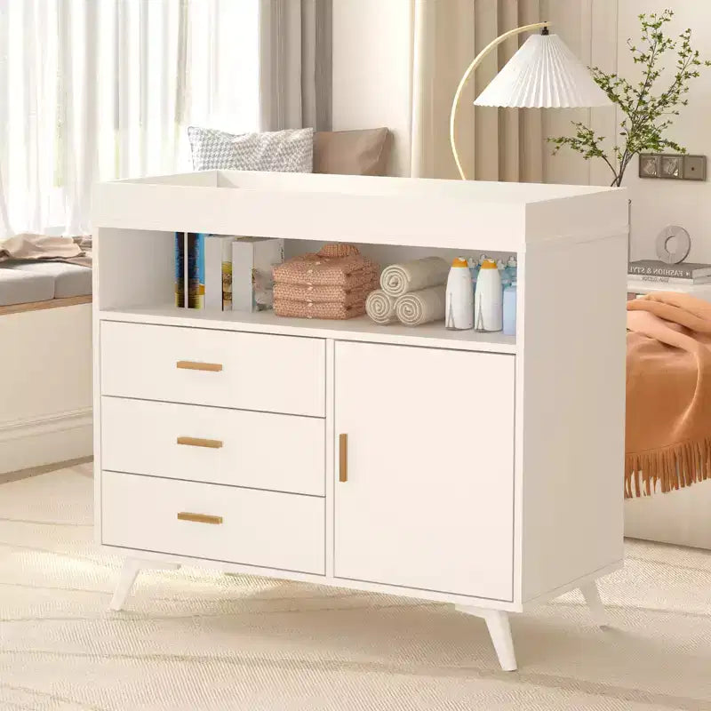 Wooden Nursery Dresser with Changing Table, 3 Drawers & Shelves, Baby Diaper Changing Station & Storage Organizer