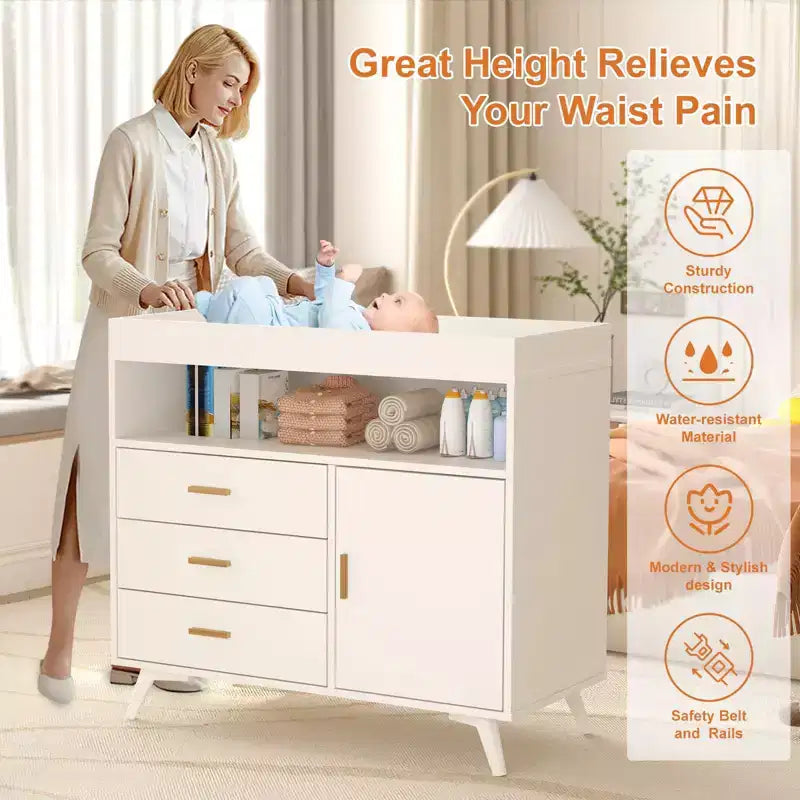 Wooden Nursery Dresser with Changing Table, 3 Drawers & Shelves, Baby Diaper Changing Station & Storage Organizer