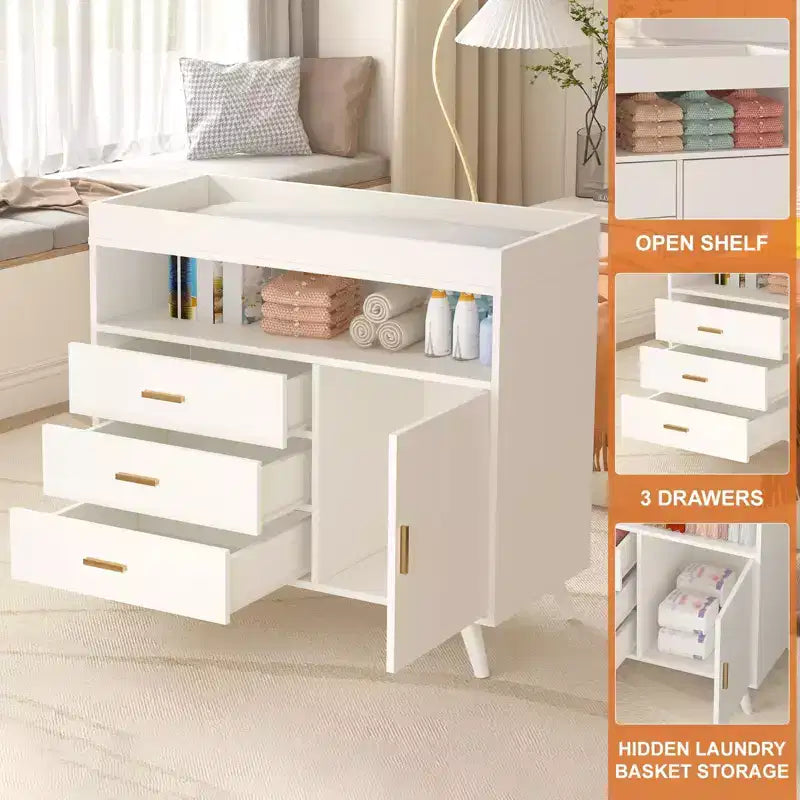 Wooden Nursery Dresser with Changing Table, 3 Drawers & Shelves, Baby Diaper Changing Station & Storage Organizer