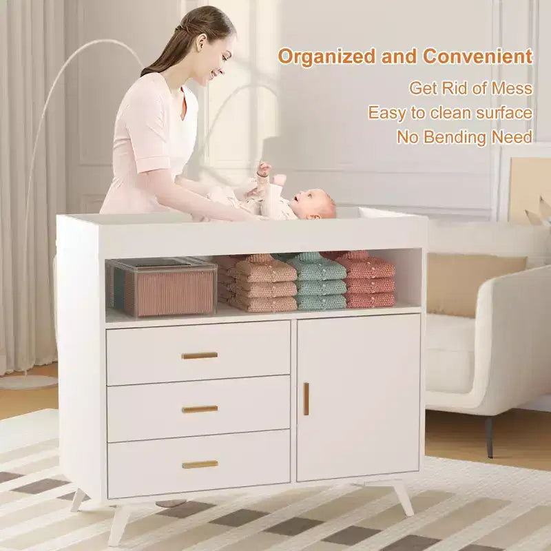 Wooden Nursery Dresser with Changing Table, 3 Drawers & Shelves, Baby Diaper Changing Station & Storage Organizer