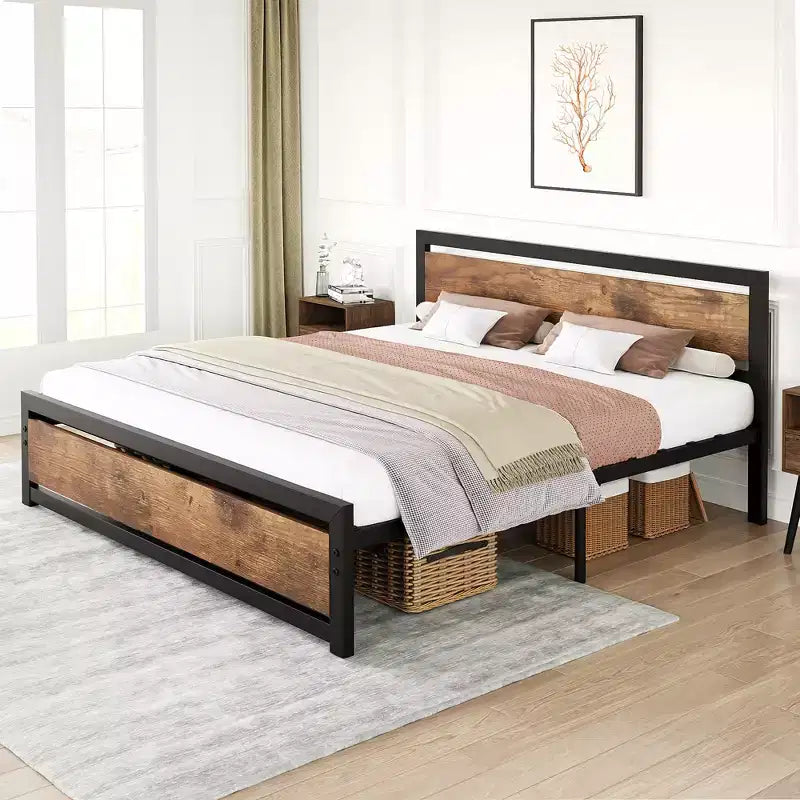 Metal Platform Bed Frame with Wooden Headboard and Footboard