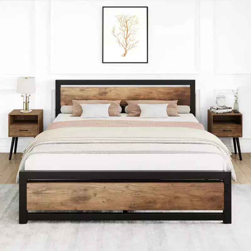 Metal Platform Bed Frame with Wooden Headboard and Footboard
