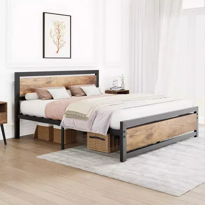 Metal Platform Bed Frame with Wooden Headboard and Footboard