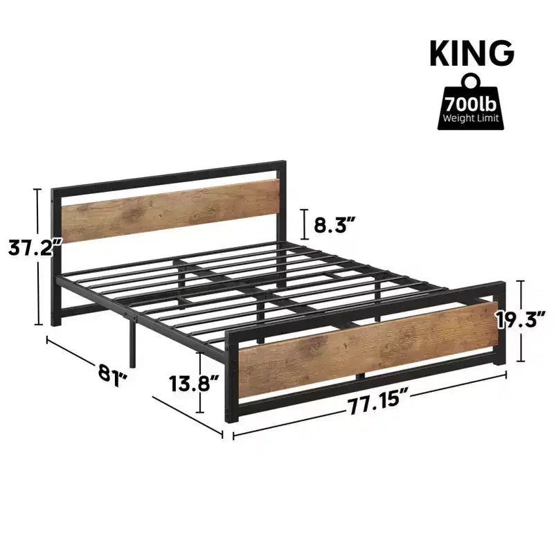 Metal Platform Bed Frame with Wooden Headboard and Footboard