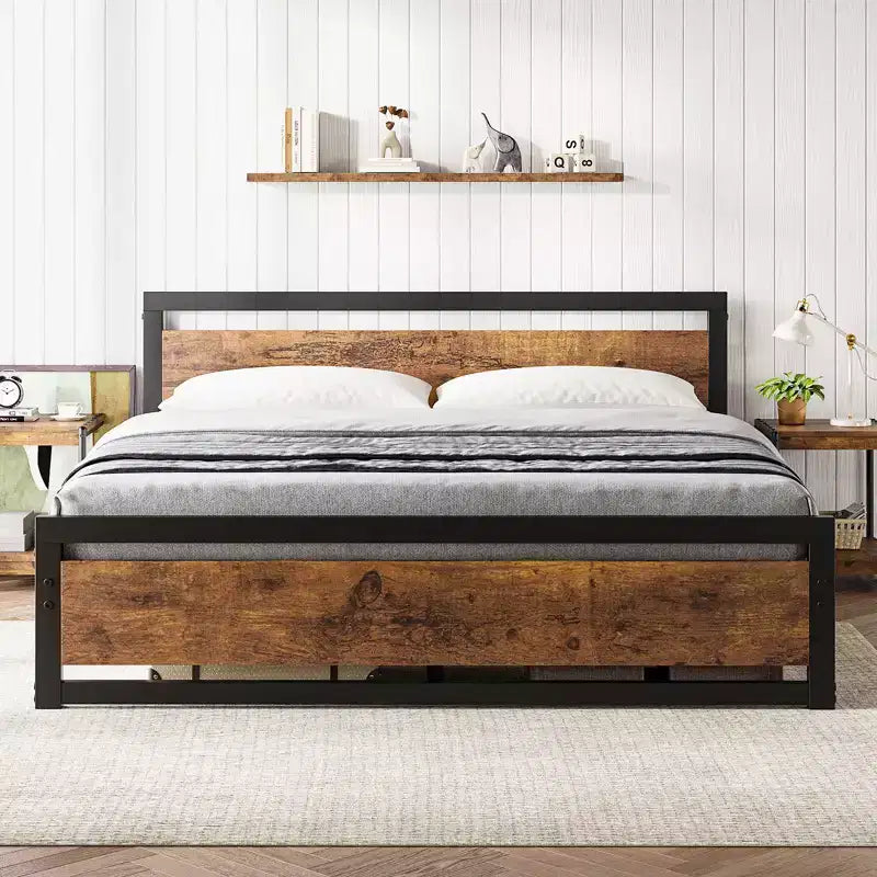 Metal Platform Bed Frame with Wooden Headboard and Footboard