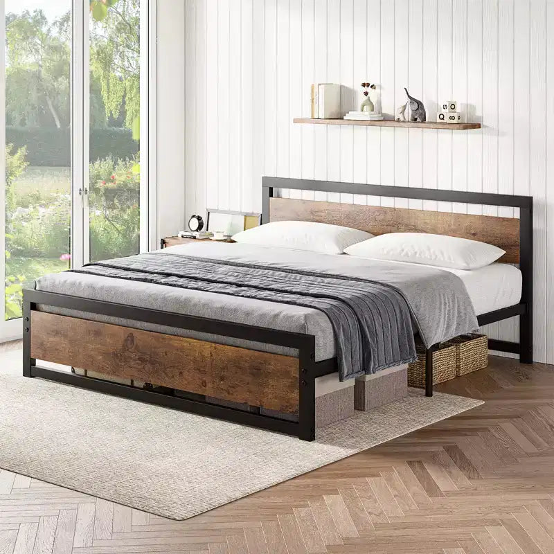 Metal Platform Bed Frame with Wooden Headboard and Footboard