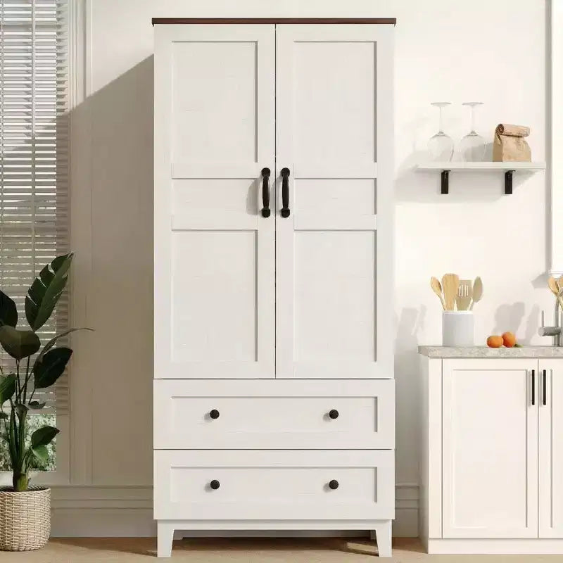 Floor Storage Cabinet with 2 Doors & 2 Drawers – Adjustable Shelves, Farmhouse Wood Pantry