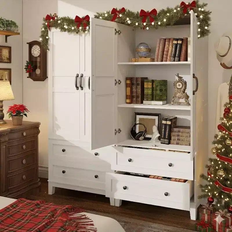 Floor Storage Cabinet with 2 Doors & 2 Drawers – Adjustable Shelves, Farmhouse Wood Pantry