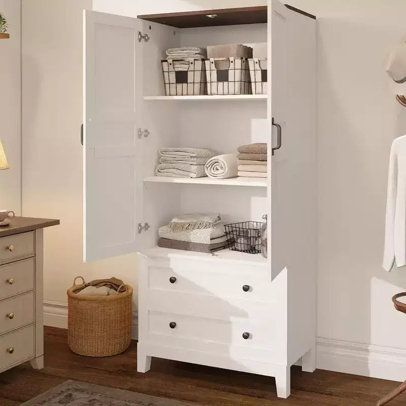 Floor Storage Cabinet with 2 Doors & 2 Drawers – Adjustable Shelves, Farmhouse Wood Pantry