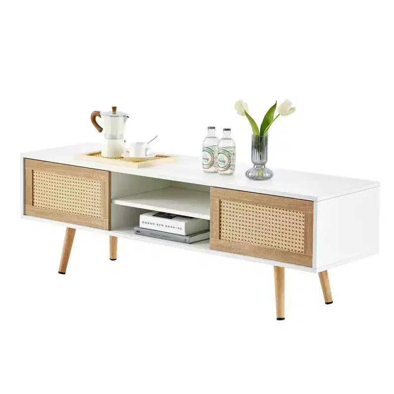 55" Rattan TV Cabinet with Sliding Doors & Adjustable Shelf, White