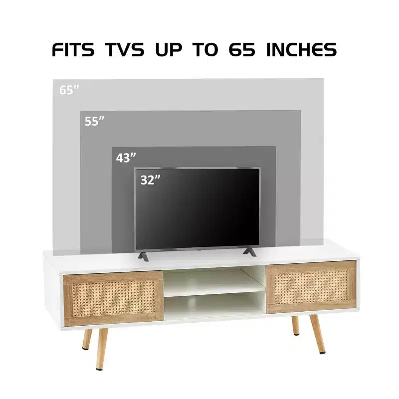 55" Rattan TV Cabinet with Sliding Doors & Adjustable Shelf, White