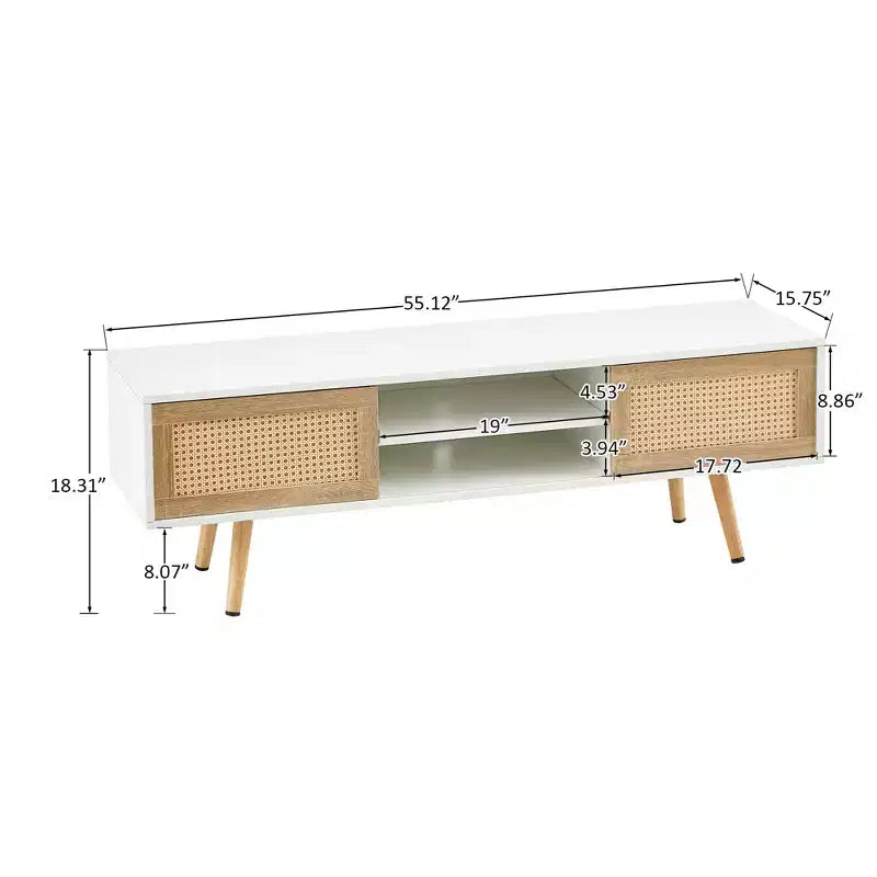 55" Rattan TV Cabinet with Sliding Doors & Adjustable Shelf, White