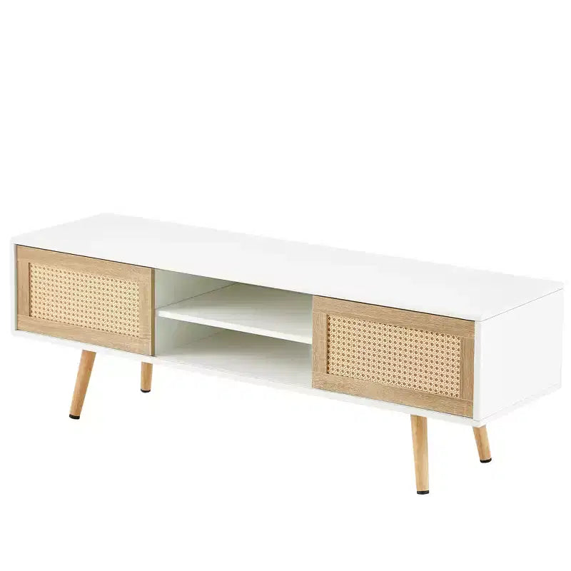 55" Rattan TV Cabinet with Sliding Doors & Adjustable Shelf, White