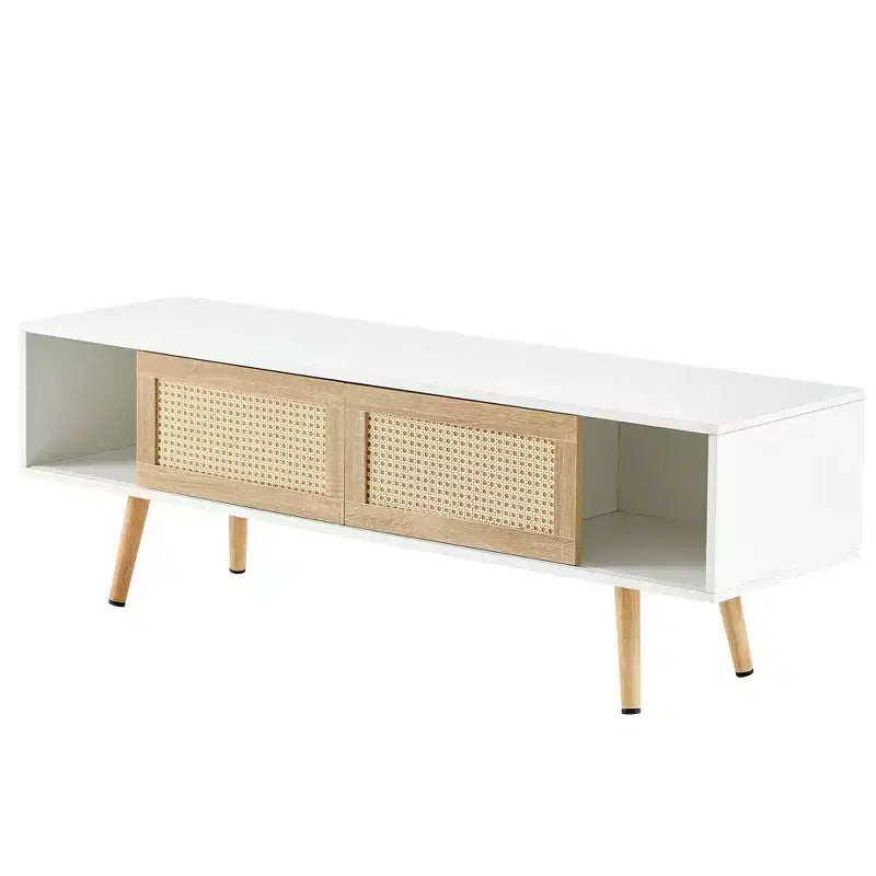 55" Rattan TV Cabinet with Sliding Doors & Adjustable Shelf, White