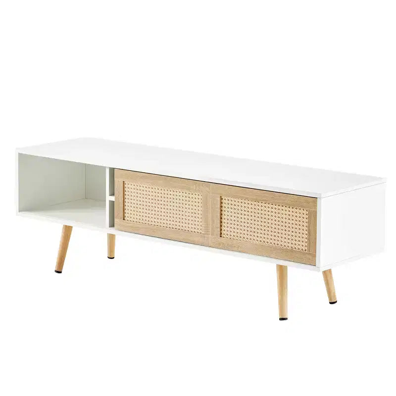 55" Rattan TV Cabinet with Sliding Doors & Adjustable Shelf, White