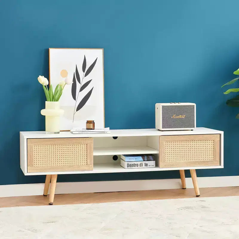 55" Rattan TV Cabinet with Sliding Doors & Adjustable Shelf, White
