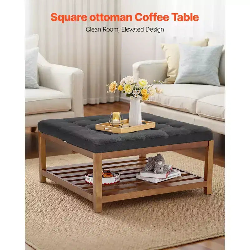 Large Square Ottoman Coffee Table, 34.5 Inch Tufted Coffee Table with Solid Wood Shelf Storage, Linen Upholstered, 400 LBS, Dark Gray