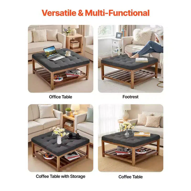 Large Square Ottoman Coffee Table, 34.5 Inch Tufted Coffee Table with Solid Wood Shelf Storage, Linen Upholstered, 400 LBS, Dark Gray
