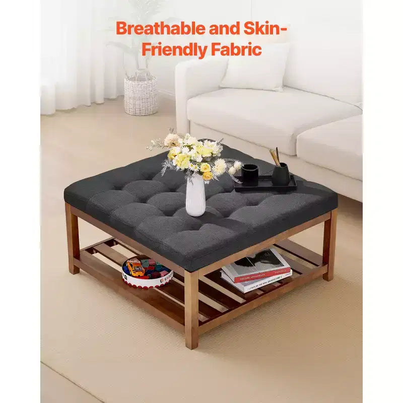 Large Square Ottoman Coffee Table, 34.5 Inch Tufted Coffee Table with Solid Wood Shelf Storage, Linen Upholstered, 400 LBS, Dark Gray