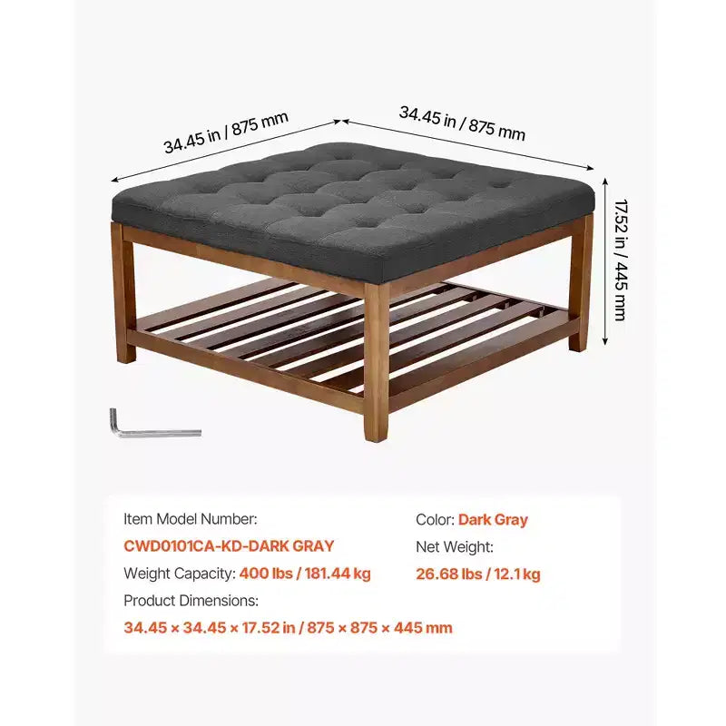 Large Square Ottoman Coffee Table, 34.5 Inch Tufted Coffee Table with Solid Wood Shelf Storage, Linen Upholstered, 400 LBS, Dark Gray