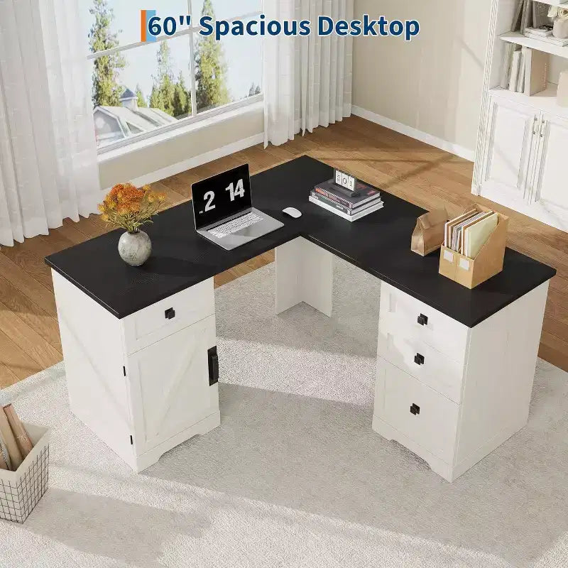 L-Shaped Executive Desk with File Drawers & Storage Cabinet