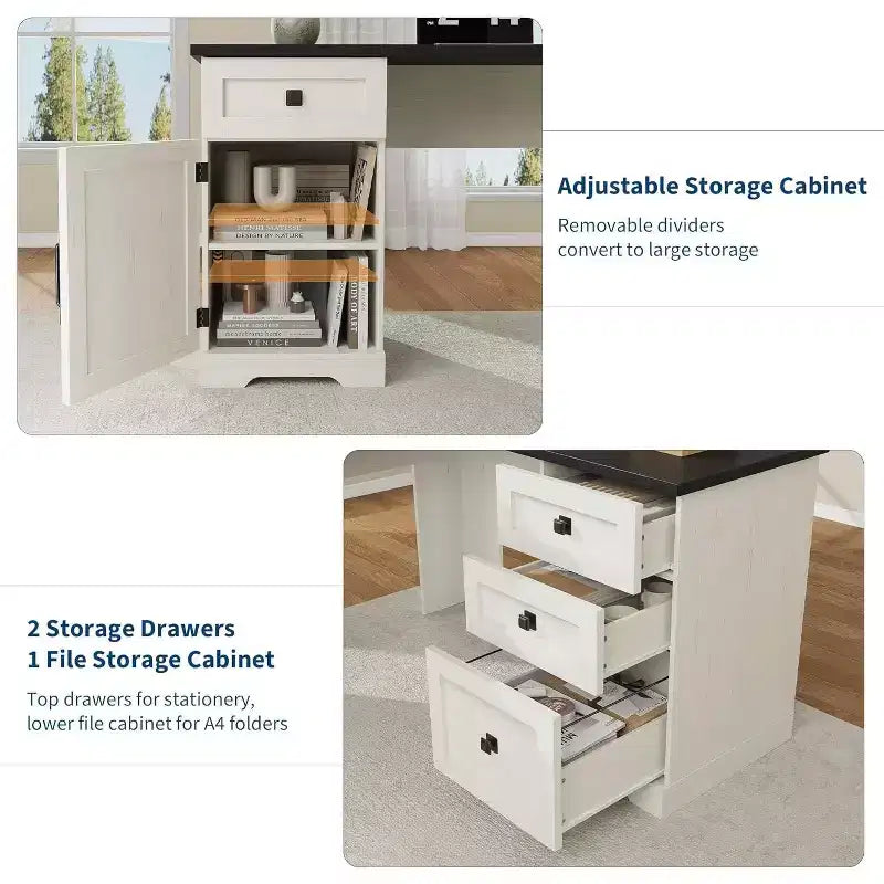 L-Shaped Executive Desk with File Drawers & Storage Cabinet