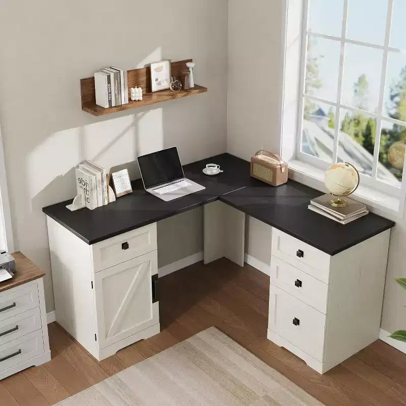 L-Shaped Executive Desk with File Drawers & Storage Cabinet
